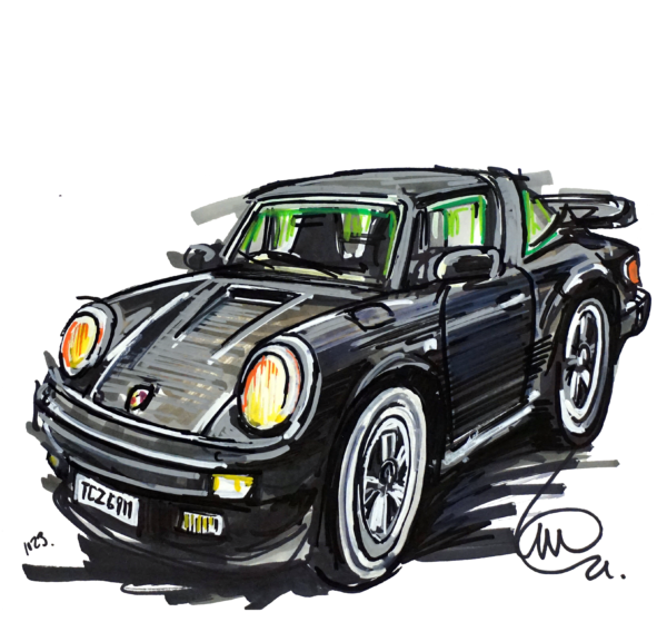 Black Porsche drawing by Ian Cook @POPBANGCOLOUR